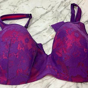 Women's Cacique Bra - Bright purple + Pink/Red pattern / Size 42DD